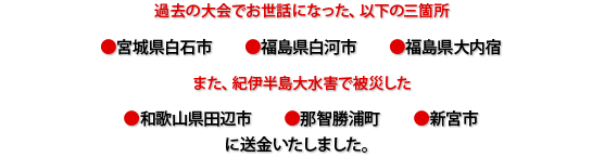過去の大会でお世話になった、以下の三箇所●宮城県白石市●福島県白河市●福島県大内宿、また、紀伊半島大水害で被災した●和歌山県田辺市●那智勝浦町●新宮市に送金いたしました。